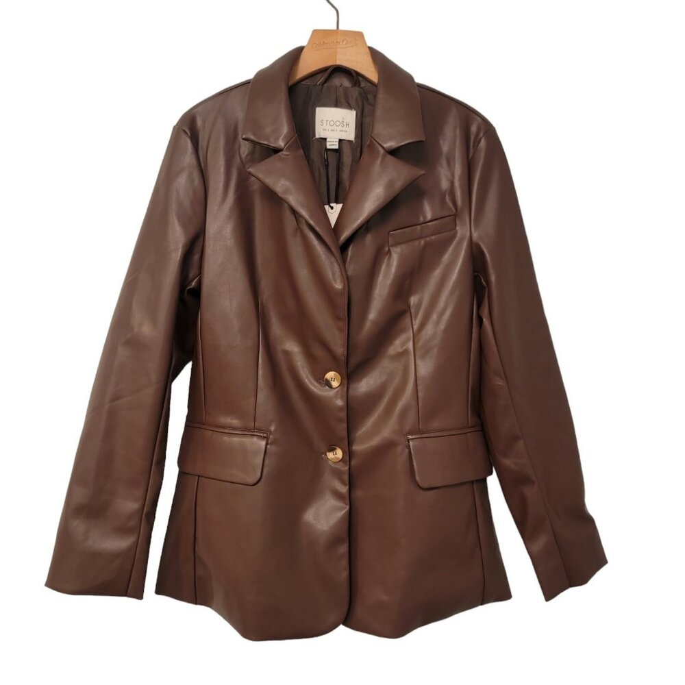 NWT Stoosh Vintage Brown Bracken Faux Leather Button Up Jacket Classic Pockets S